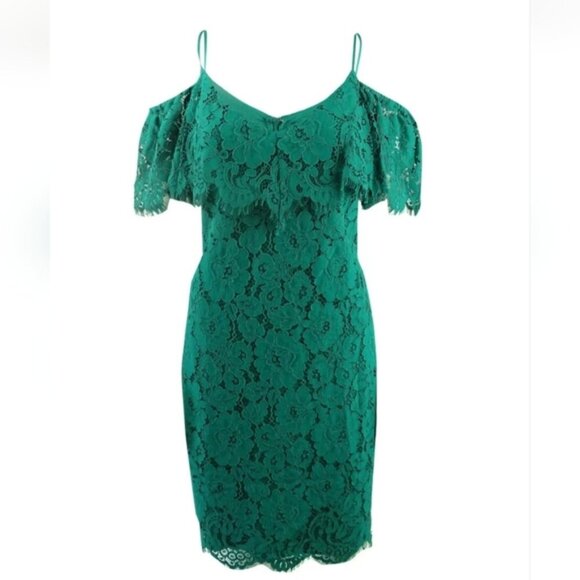 Ralph Lauren Lace Ruffle Off Cold Shoulder Dress Emerald Green Knee Length Party - Picture 3 of 14